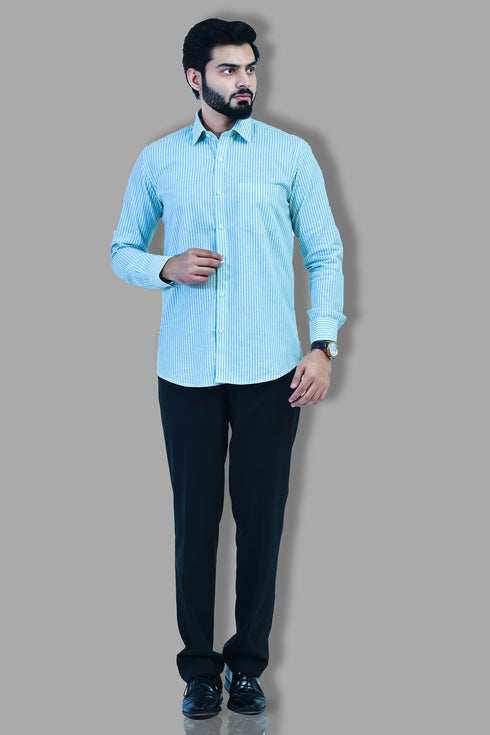 Veshbhoshaa Bluebird Men'S Striped Green And White Formal Shirt