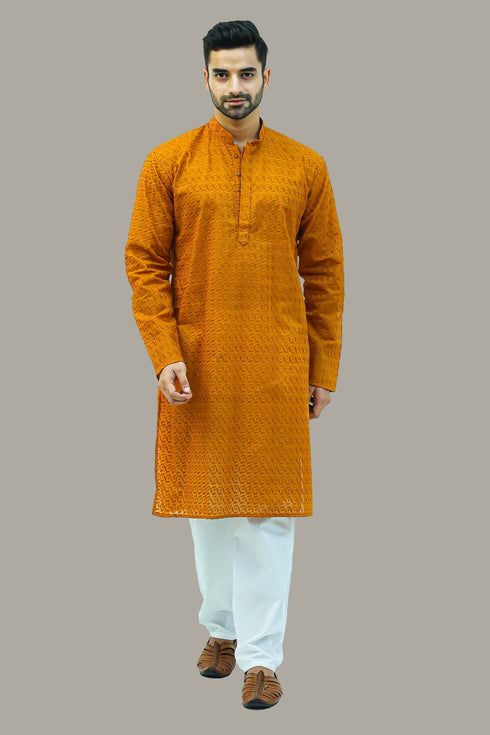Veshbhoshaa Bluesaanchi Men'S Mustard Murli Chikankari Embroidery Kurta Pyjama Set