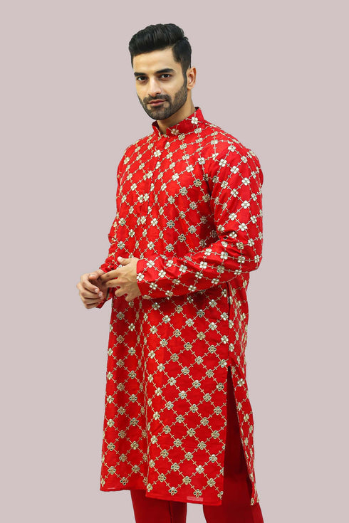 Veshbhoshaa Bluesaanchi Men'S Red Mirror Embroidery Kurta Set