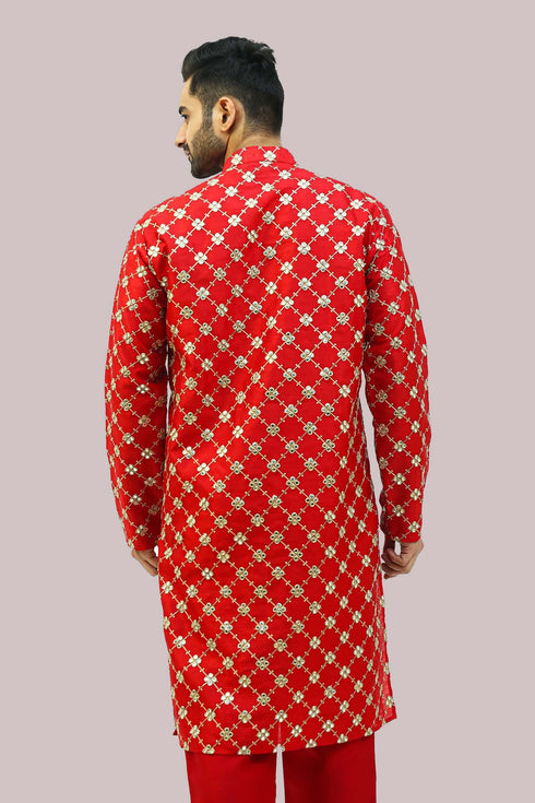 Veshbhoshaa Bluesaanchi Men'S Red Mirror Embroidery Kurta Set