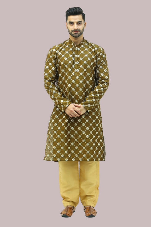 Veshbhoshaa Bluesaanchi Men'S Mehandi Dupion Silk Kurta Set