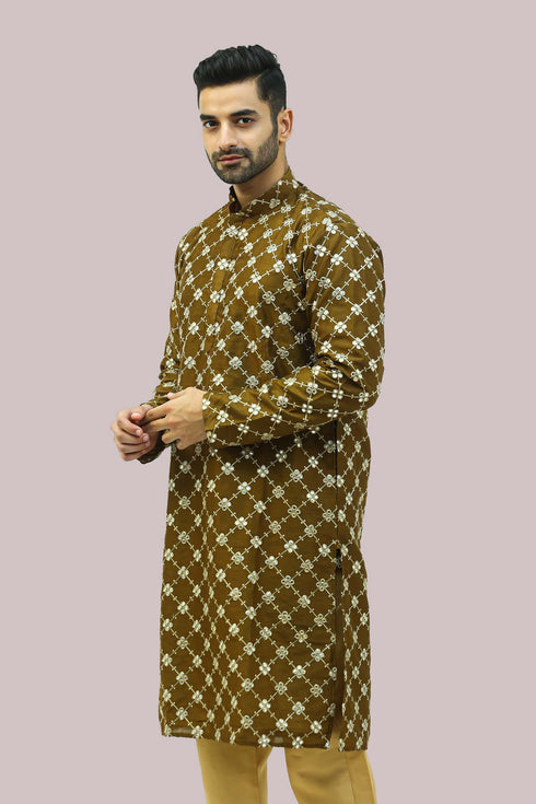 Veshbhoshaa Bluesaanchi Men'S Mehandi Dupion Silk Kurta Set
