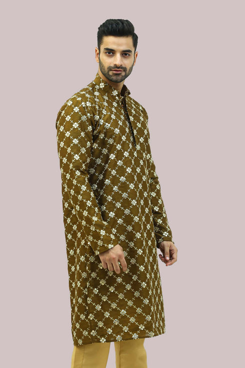 Veshbhoshaa Bluesaanchi Men'S Mehandi Dupion Silk Kurta Set