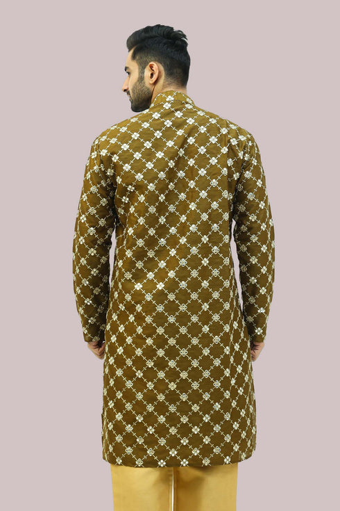 Veshbhoshaa Bluesaanchi Men'S Mehandi Dupion Silk Kurta Set