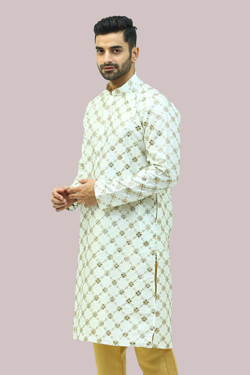 Veshbhoshaa Bluesaanchi Men'S White Mirror Embroidery Kurta Set
