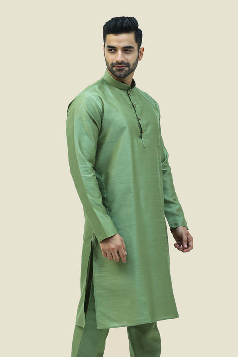 Veshbhoshaa Bluesaanchi Men'S Dark Green Raw Silk Kurta Set