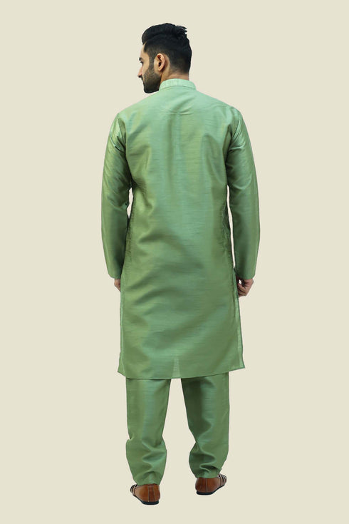 Veshbhoshaa Bluesaanchi Men'S Dark Green Raw Silk Kurta Set