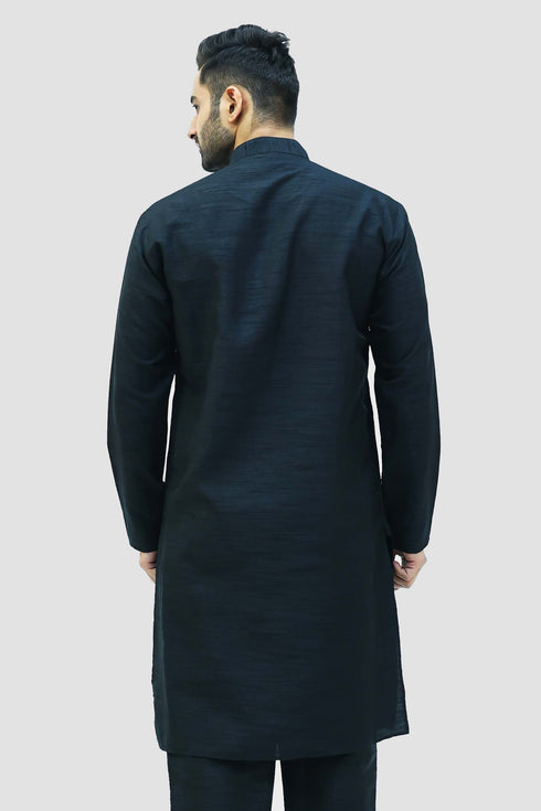 Veshbhoshaa Bluesaanchi Men'S Black Raw Silk Kurta Set