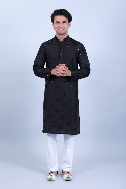 Veshbhoshaa Bluesaanchi Men'S Black Mirror With Buta Design Kurta Set