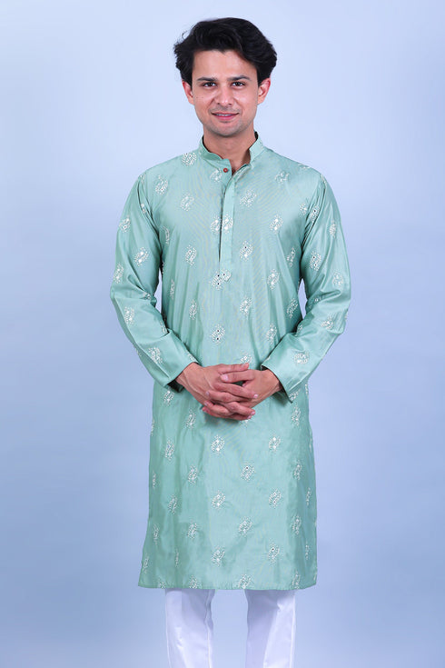 Veshbhoshaa Bluesaanchi Men'S Green Embroidery Glass Kurta Set