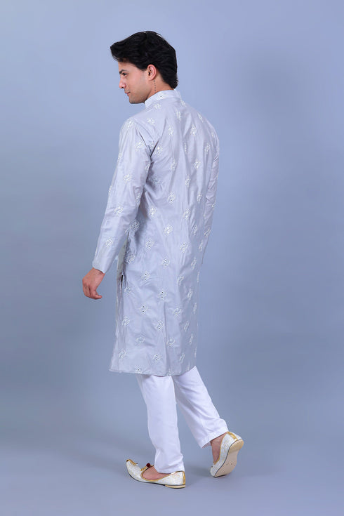 Veshbhoshaa Bluesaanchi Men'S Grey Embroidery Kurta Set