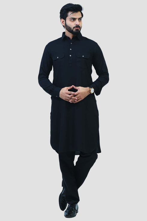 Veshbhoshaa Bluesaanchi Men'S Black Pathani Cotton Blend