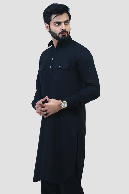 Veshbhoshaa Bluesaanchi Men'S Black Pathani Cotton Blend