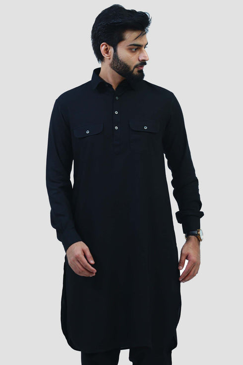 Veshbhoshaa Bluesaanchi Men'S Black Pathani Cotton Blend
