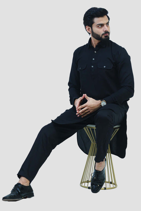 Veshbhoshaa Bluesaanchi Men'S Black Pathani Cotton Blend