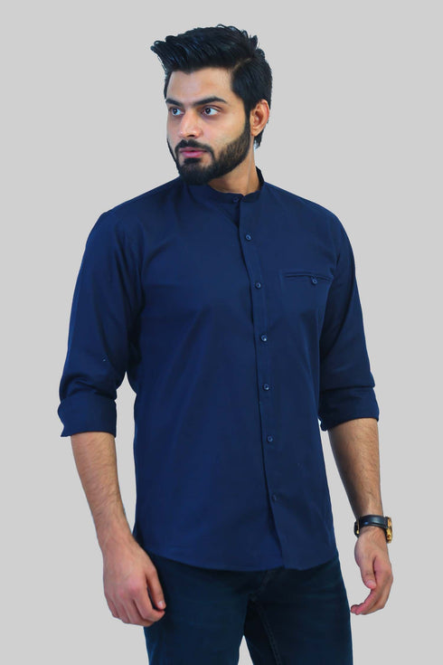 Veshbhoshaa Bluebird Men'S Navy Blue Mandarin Collar Casual Shirt