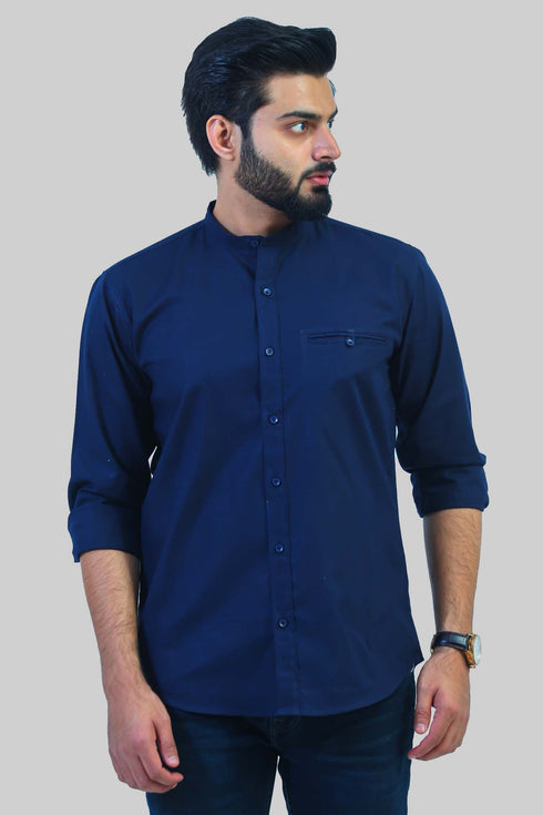 Veshbhoshaa Bluebird Men'S Navy Blue Mandarin Collar Casual Shirt