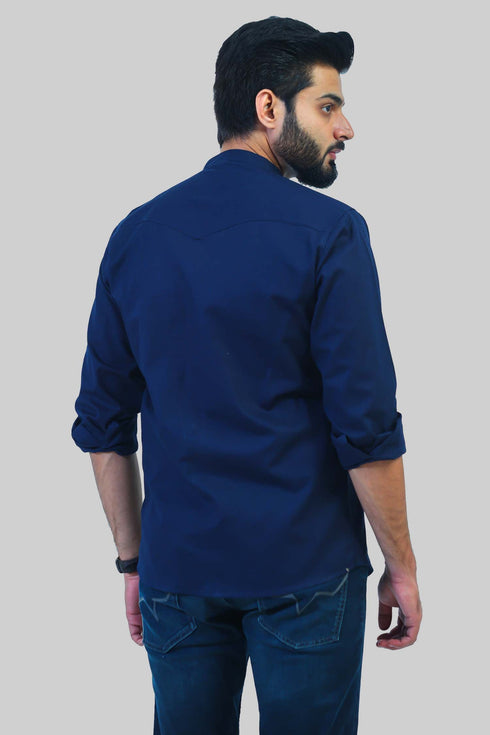 Veshbhoshaa Bluebird Men'S Navy Blue Mandarin Collar Casual Shirt
