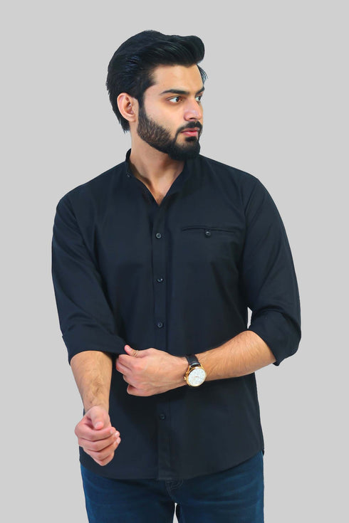 Veshbhoshaa Bluebird Men'S Black Mandarin Collar Casual Shirt
