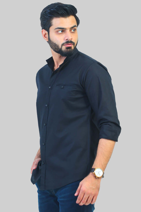 Veshbhoshaa Bluebird Men'S Black Mandarin Collar Casual Shirt