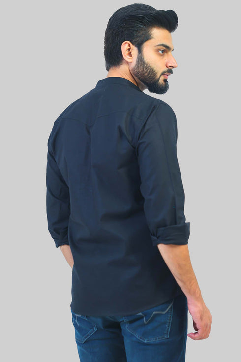 Veshbhoshaa Bluebird Men'S Black Mandarin Collar Casual Shirt