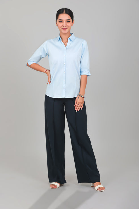 Veshbhoshaa Bluebird Women'S Navy Blue Casual Bell Bottom Trousers