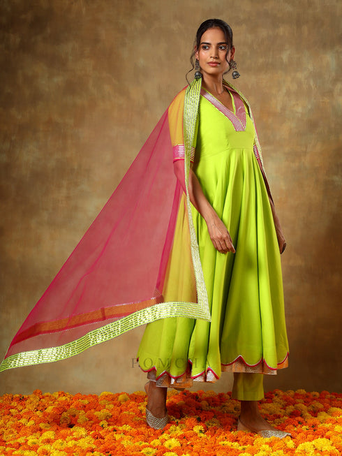 Pomcha Jaipur Guzarish Gulaal Green Cotton Anarkali Set