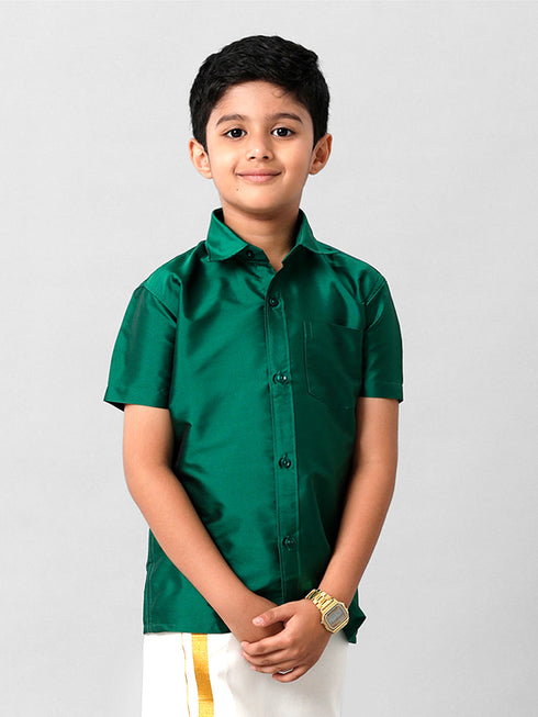 Ramraj Cotton Boys Silk Cotton Dark Green Half Sleeves Shirt K9