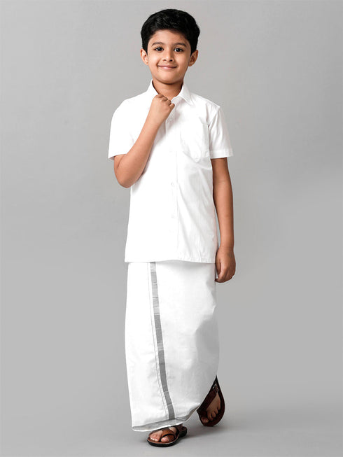 Ramraj Cotton Boys Readymade Single Layer White Dhoti With Silver Jari Border