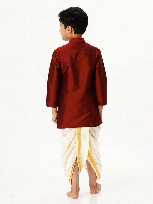 Ramraj Cotton Boys Silk Cotton Full Sleeves Maroon Kurta with Panchakacham Combo