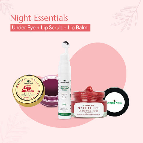 Organicnetra Night Essentials - Under Eye + Lip Scrub + Lip Balm