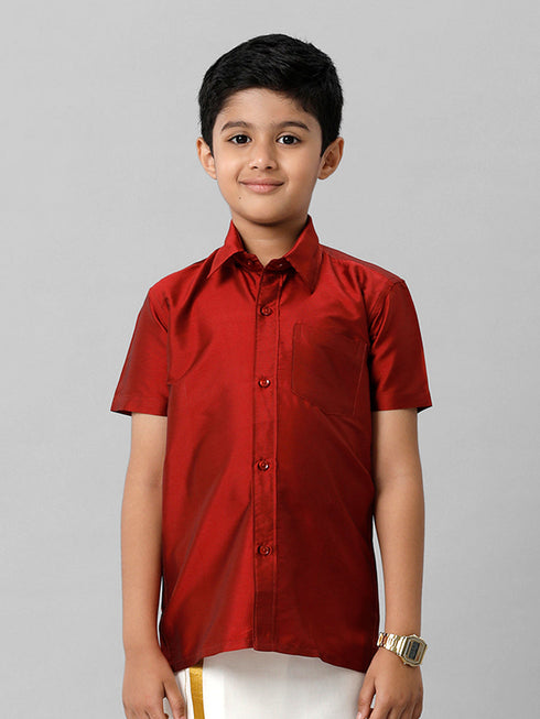 Ramraj Cotton Boys Silk Cotton Red Half Sleeves Shirt K8