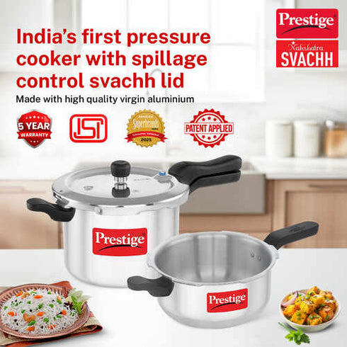 Prestige Svachh Aluminium Anti Bulge Gas And Induction Compatible Pressure Cooker 5 L Combo