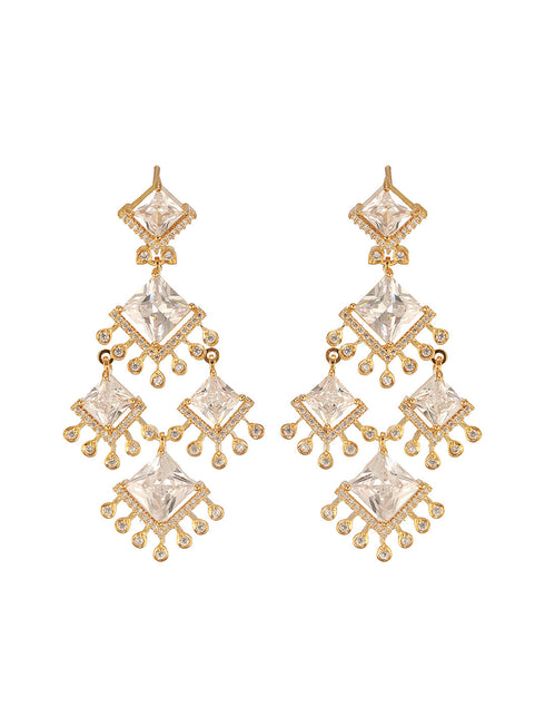 Gold Toned Cubic Zirconia Studded Designer Chandelier Statement Necklace Jewellery Set