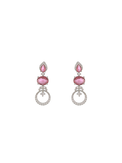 White Rhodium Red Ruby Studded Leaf Design Statement Jewellery Set