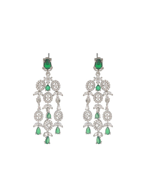 Silver Toned Emerald Green AD Studded Statement necklace Jewellery Set