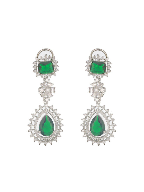 Silver Toned Emerald Green Studded Statement Pendant Jewellery Set