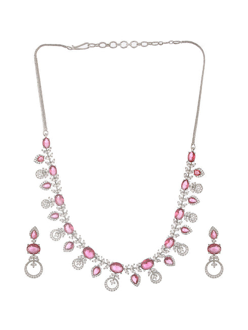White Rhodium Red Ruby Studded Leaf Design Statement Jewellery Set