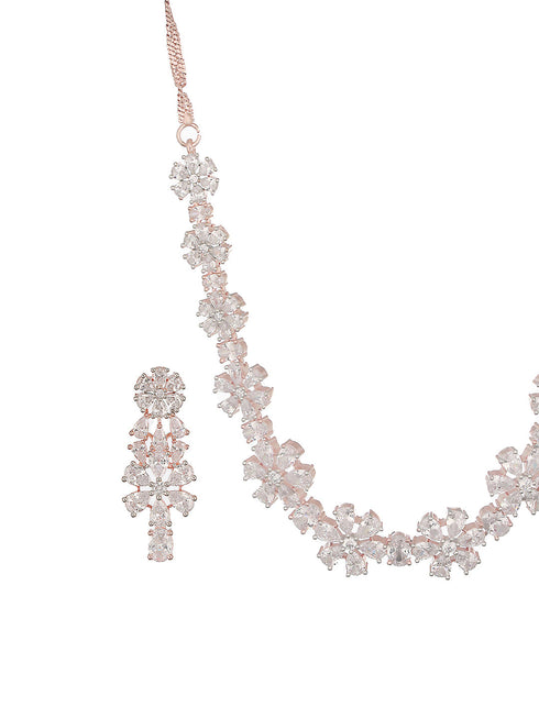 Rose Gold Plated AD Studded Floral Delicate Jewellery Set