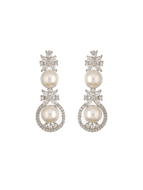 Silver Toned AD & Pearl Beaded Statement Necklace Jewellery Set