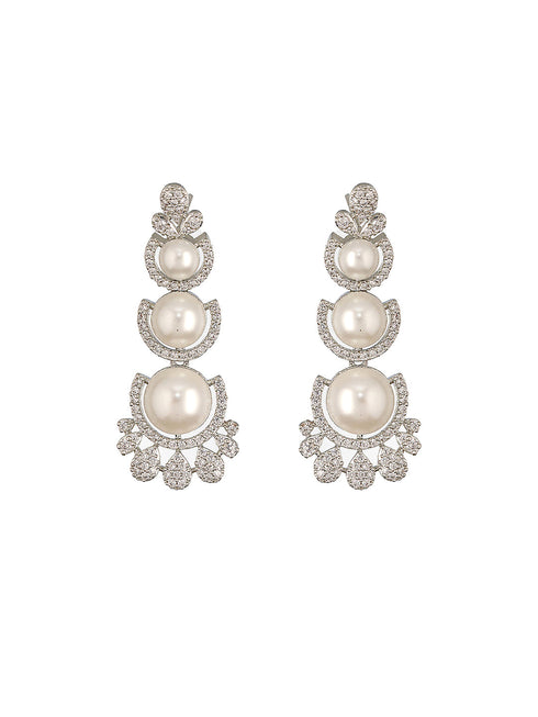 Silver Toned AD & Pearl Studded Floral Statement Necklace Jewellery Set