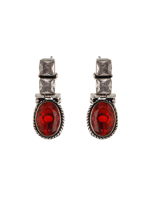 Oxidised Silver Toned Red Stone Studded Minimal Drop Earrings
