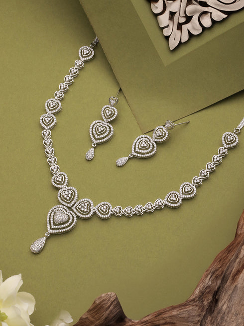 Silver Plated Zircon Studded Heart Shaped Designer Pendant Jewellery Set