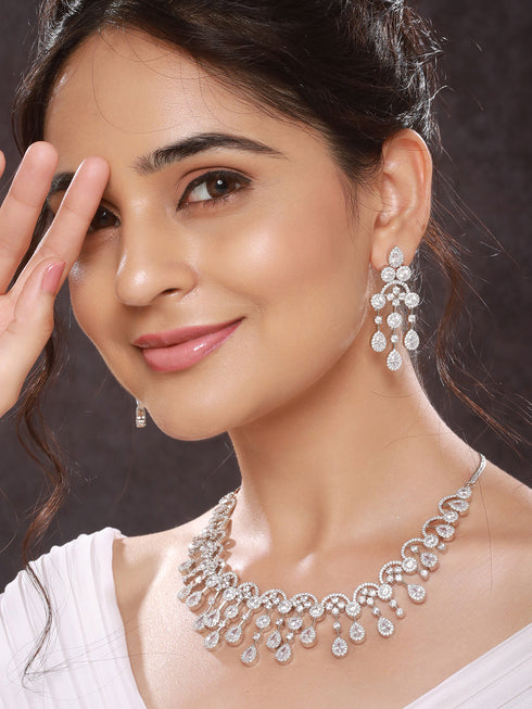 Silver Toned AD Studded Luxe Designer Necklace Jewellery Set