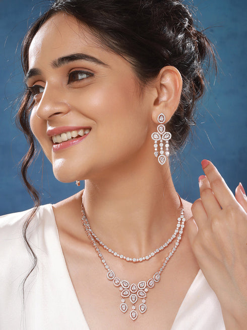 Rose Gold Toned Zircon Studded 2 - Lined Layered Statement Necklace Jewellery Set