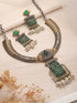 Silver Oxidised Dual Toned Green Stone & Pearl Beaded Designer Tribal Hasli Necklace Jewellery Set