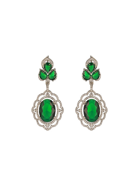 Silver Rhodium Plated Emerald Green Cubic Zirconia Designer Bridal Pendant Jewellery Set