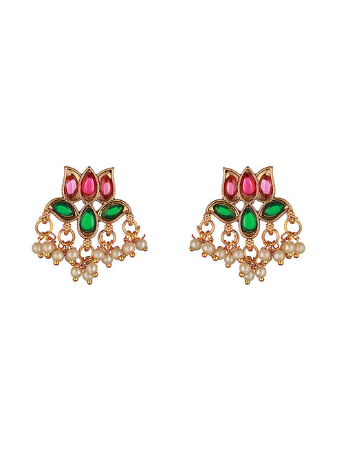 Gold Plated Red & Green Stone Studded Lotus Choker Jewellery Set