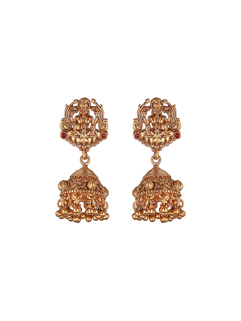 Gold Plated Green Pearl Beaded Lakshmi Motif Long haram Temple Jeellery Set