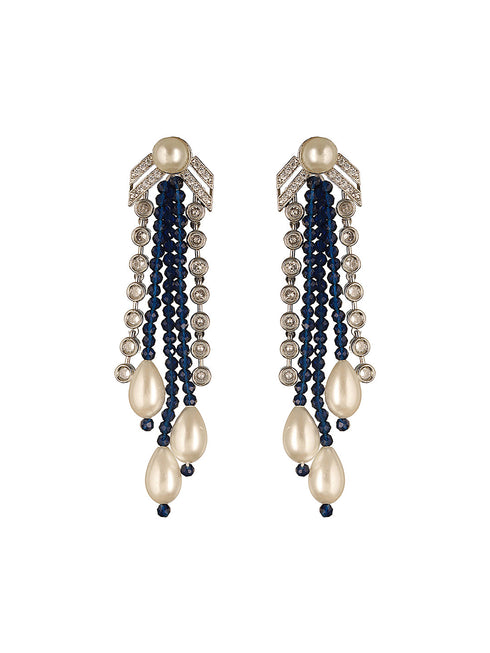 Silver Rhodium Plated Blue & White Pearls Multilayered Designer Maala Jewellery Set